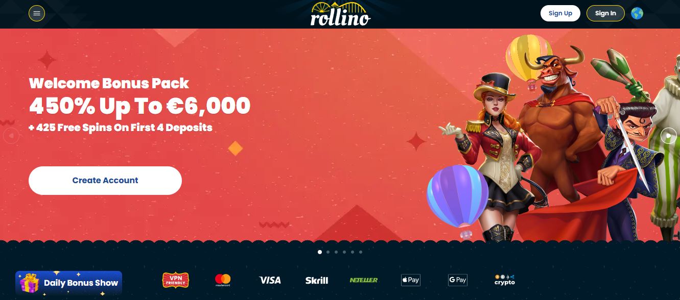 Claim generous welcome bonus package at Rollino casino